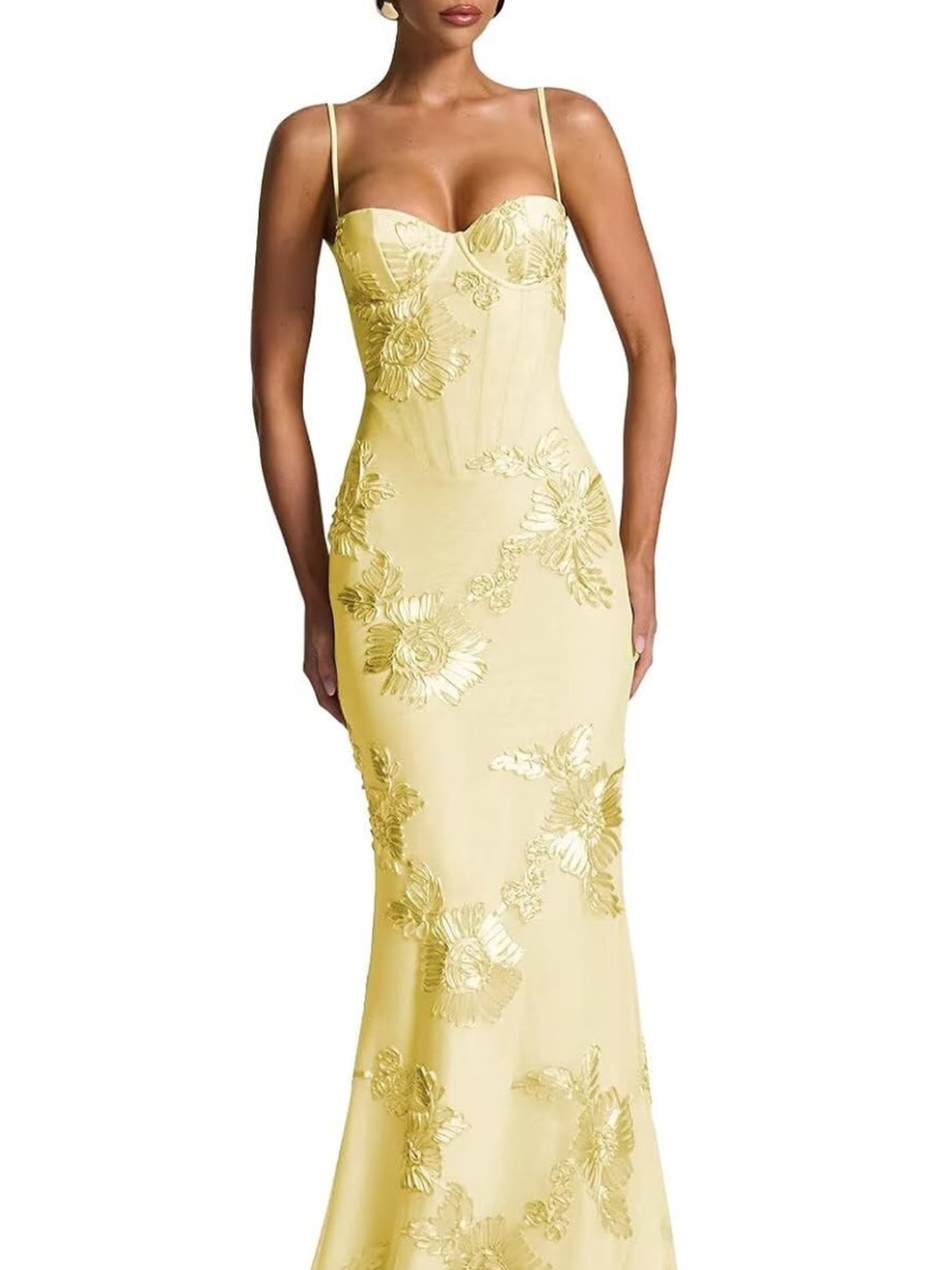 NWT size 0 Yellow Floral Embroidered Spaghetti Strap Evening Dress with boning